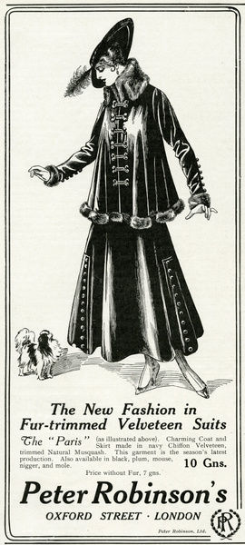 Advert for Peter Robinson's fur trim suits 1915